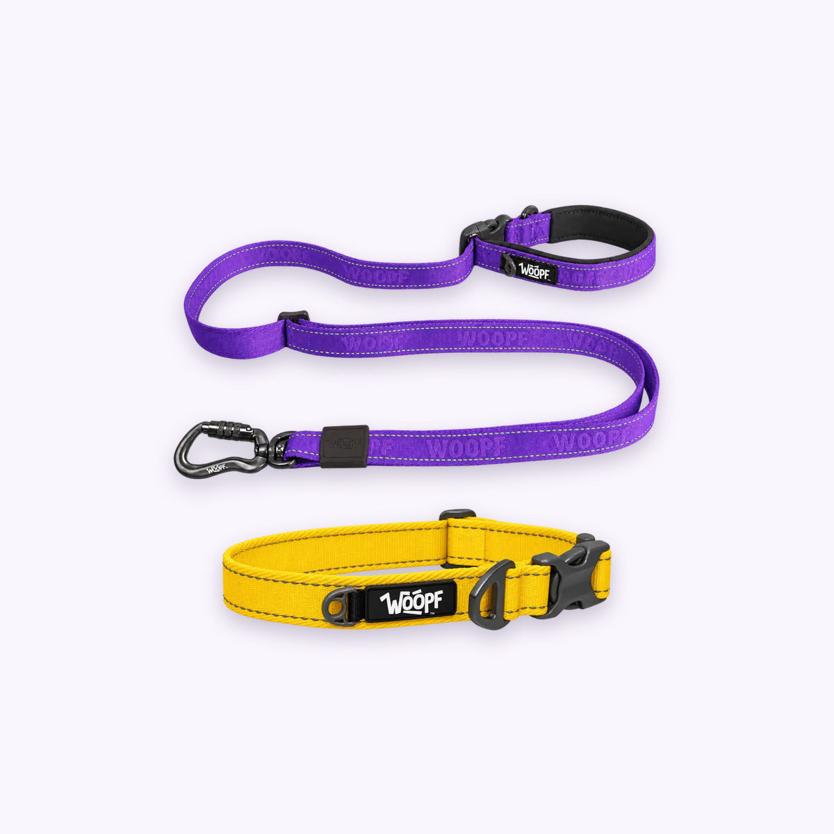 Yellow | City Bundle: The Yellow Explorer Collar with the Purple Explorer Adjustable Leash on a pale lavender background