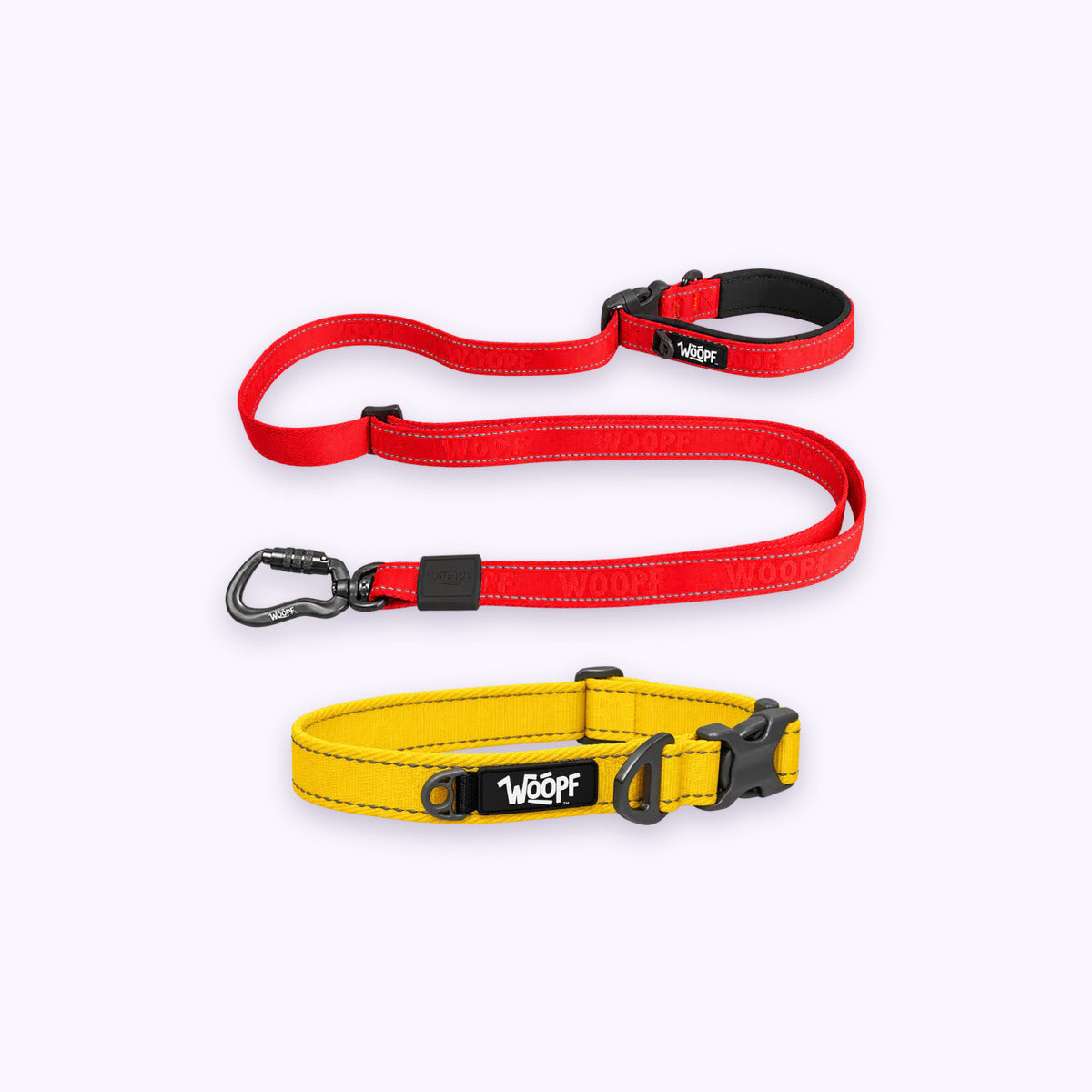 Yellow | City Bundle: The Yellow Explorer Collar with the Red Explorer Adjustable Leash on a pale lavender background