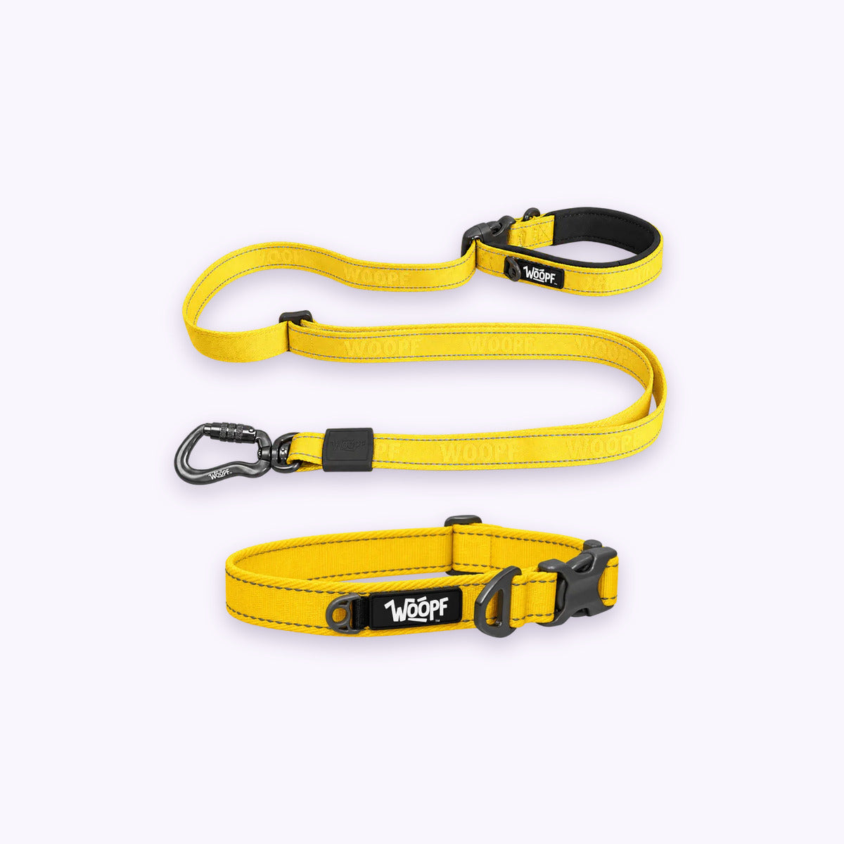 Yellow | City Bundle: The Yellow Explorer Collar with the Yellow Explorer Adjustable Leash on a pale lavender background