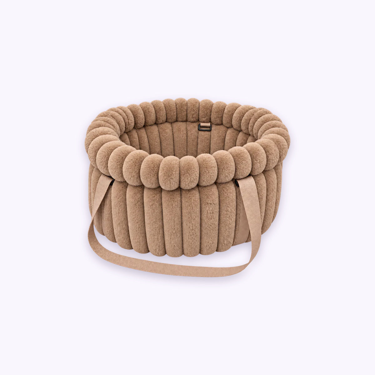 Corduroy Calming Dog Carrier: The Brown carrier on its own on a pale lavender background