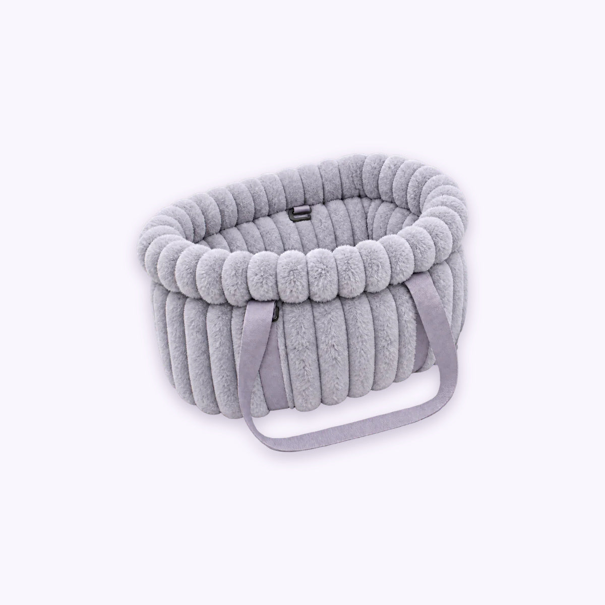 Corduroy Calming Dog Carrier: The Grey carrier on its own on a pale lavender background