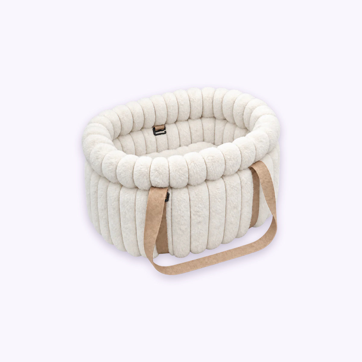 White | Corduroy Calming Dog Carrier: The White carrier on its own on a pale lavender background