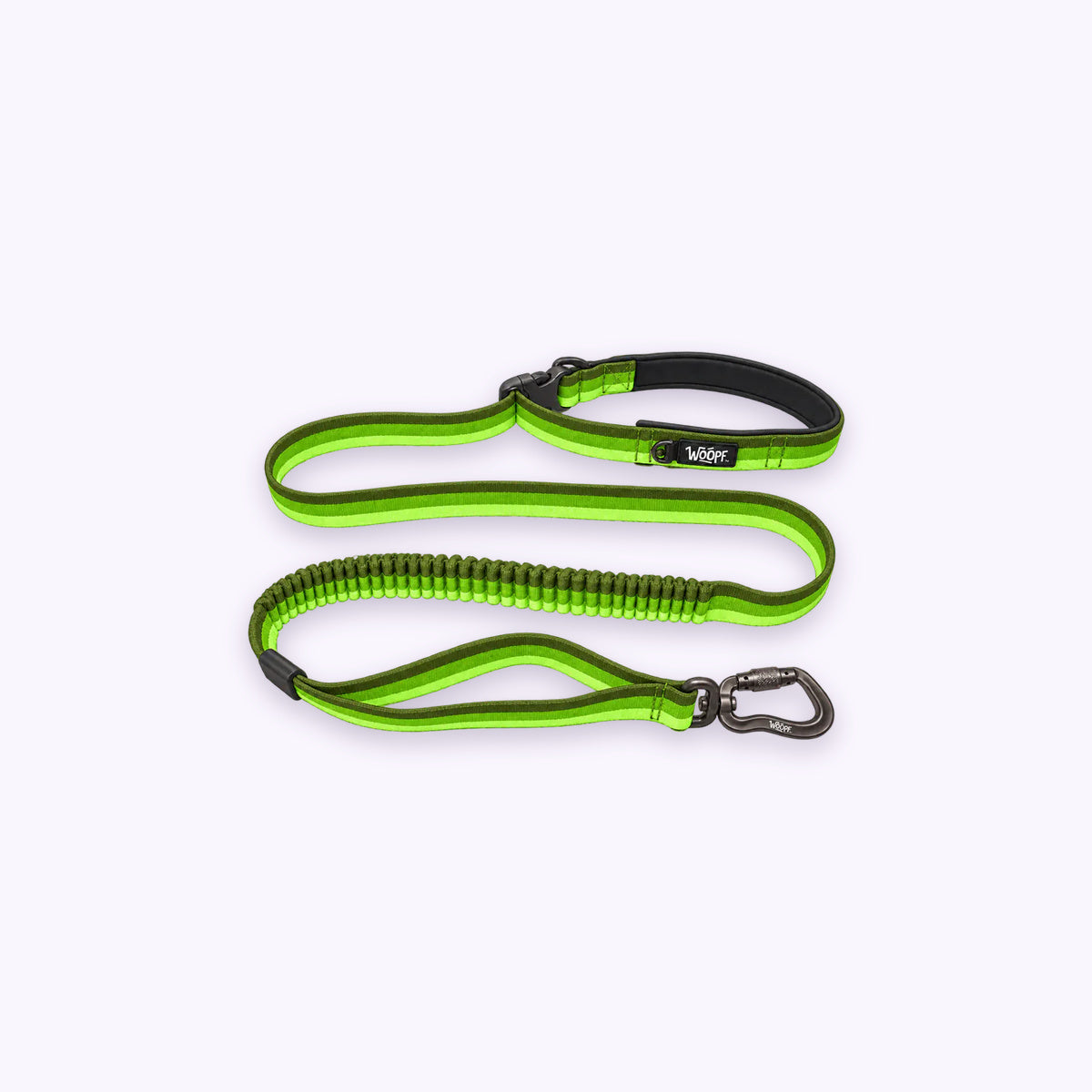 Explorer Bungee Leash: The Green lead on its own on a pale lavender background