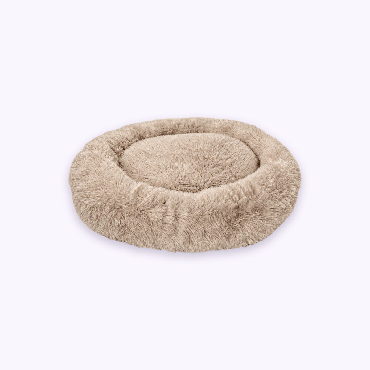 Fluffy Shag Calming Round Bed: The Brown bed on its own on a pale lavender background