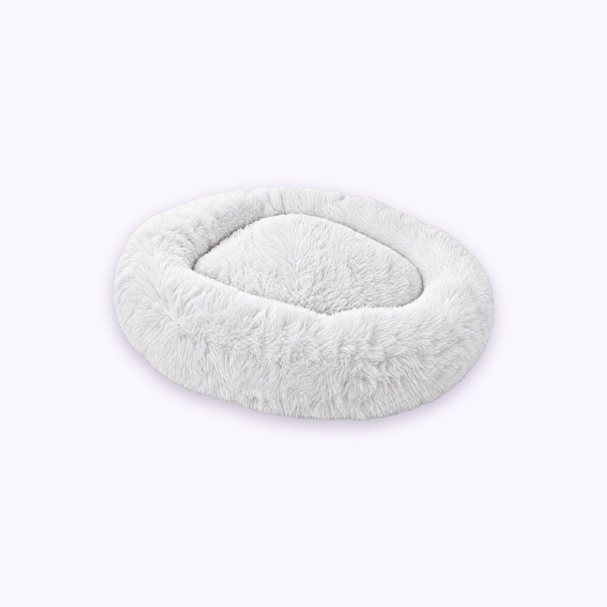 Fluffy Shag Calming Round Bed: The White bed on its own on a pale lavender background