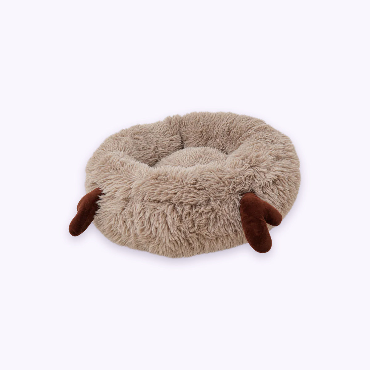Cream | Fluffy Shag Calming Round Bed with Antlers: The bed on its own on a pale lavender background