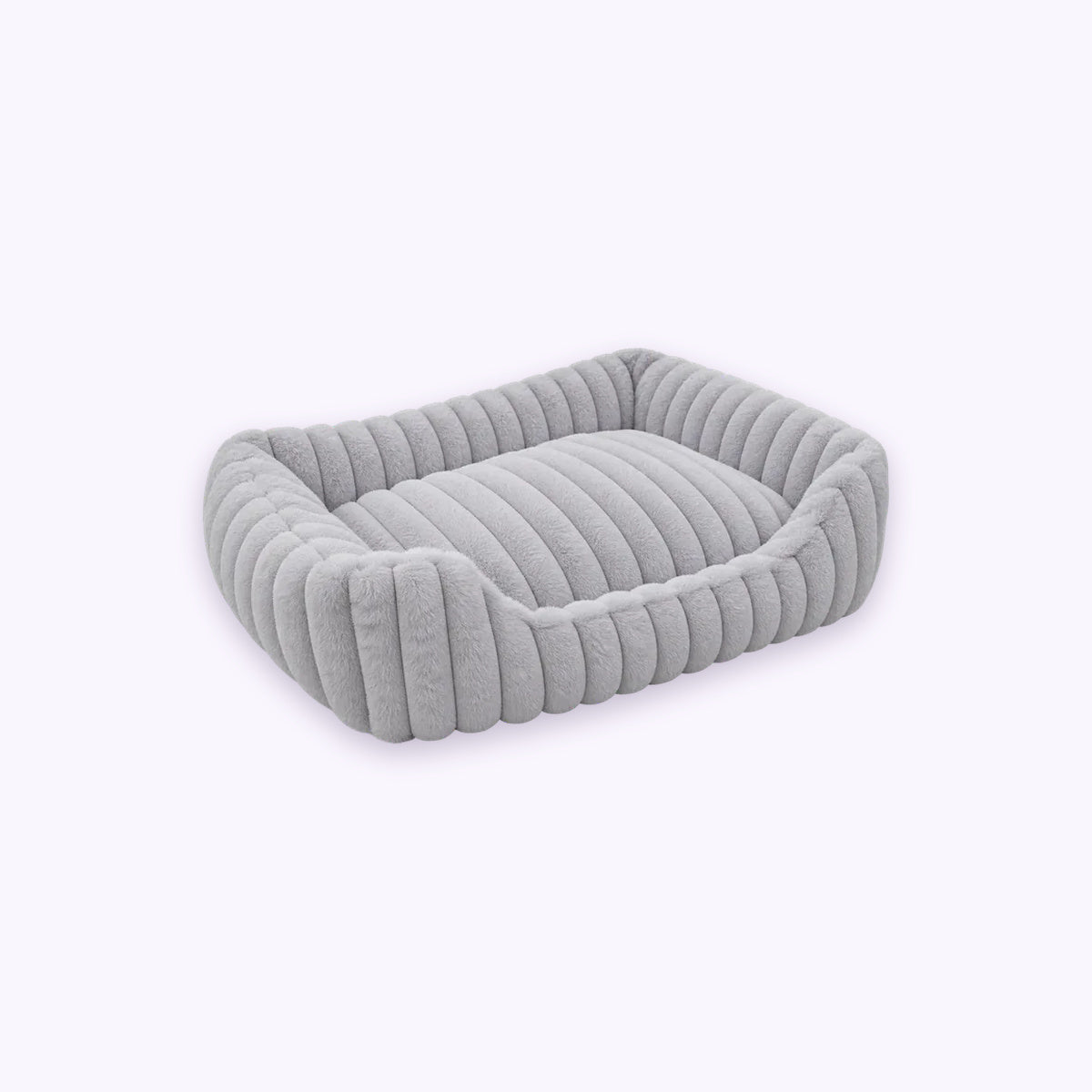 Grey | Furry Corduroy Open Front Rectangle Bed: The Grey bed on its own on a pale lavender background