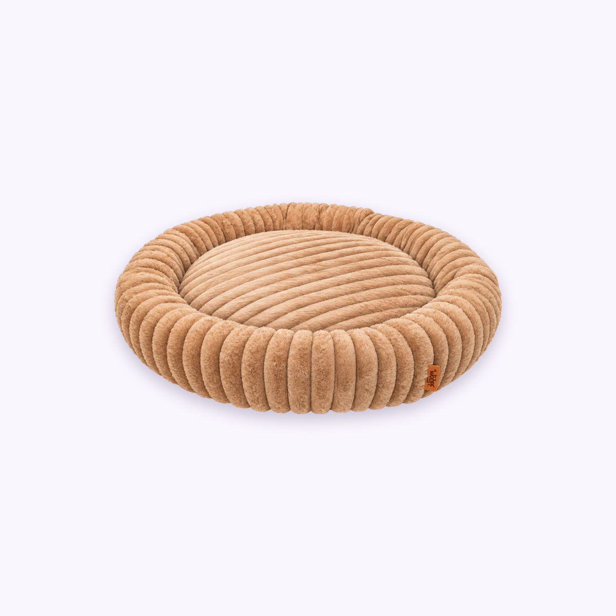 Furry Corduroy Round Bed: The Brown bed on its own on a pale lavender background