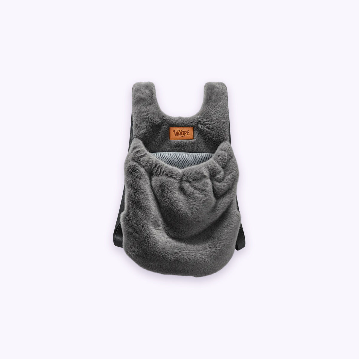 Furry Range Puppy Pouch: The Grey pouch on its own on a pale lavender background