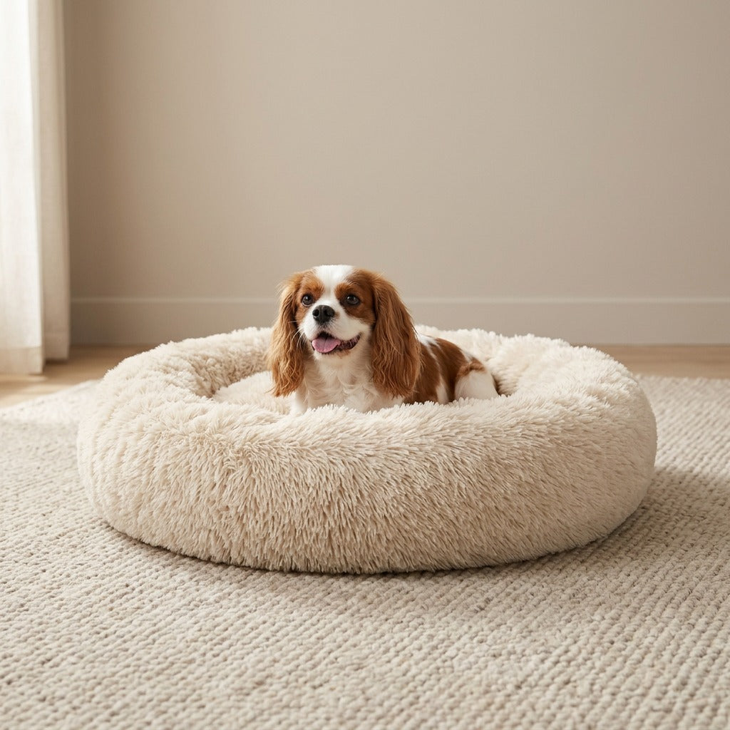 Dog lying on a fluffy beige pet bed in a room with light-colored walls and floor.