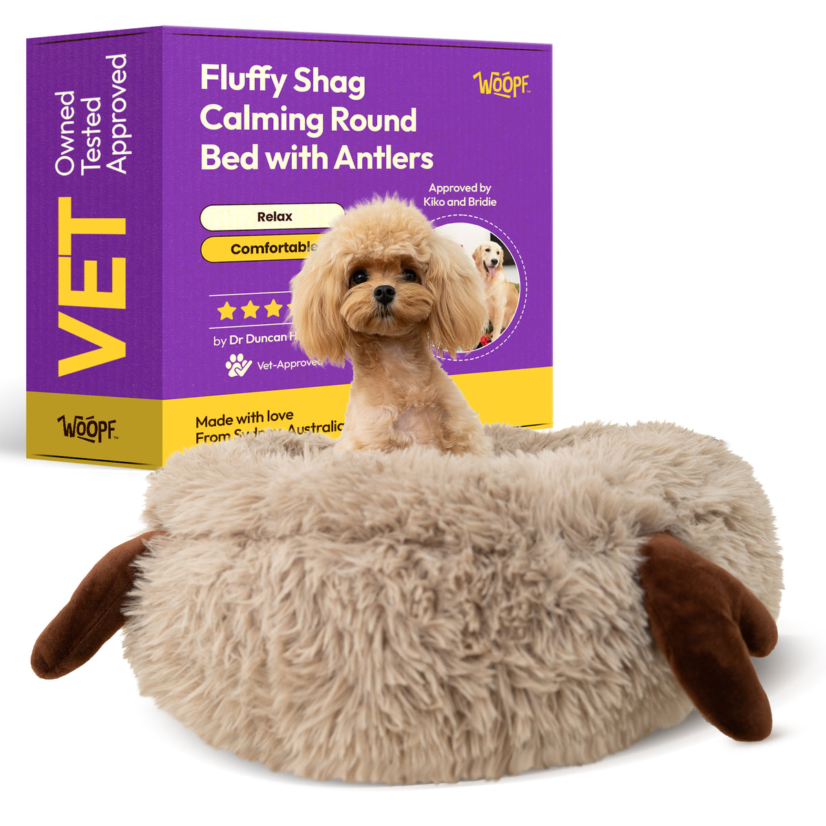 Fluffy Shag Calming Round Bed with Antlers