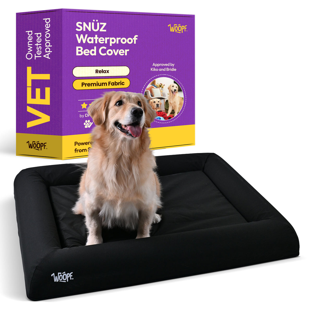 A golden retriever sits on a black waterproof dog bed cover in front of its purple and yellow retail box. The box reads 'SNÜZ Waterproof Bed Cover' and shows the Woofe brand.