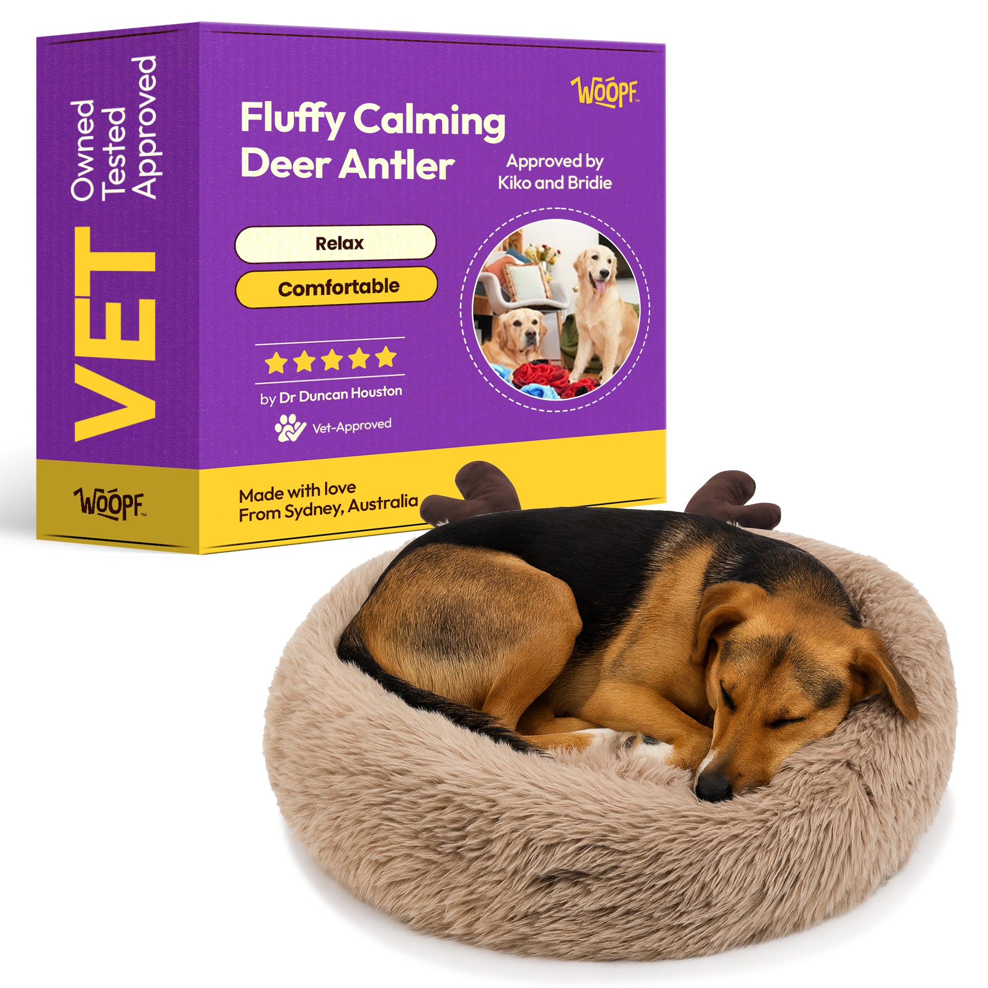 Calming Dog & Cat Bed with Cute Deer Antlers – Small Round Plush Pet Bed for Anxiety & Stress Relief – Soft Self-Warming Donut Cuddler with Raised Rim
