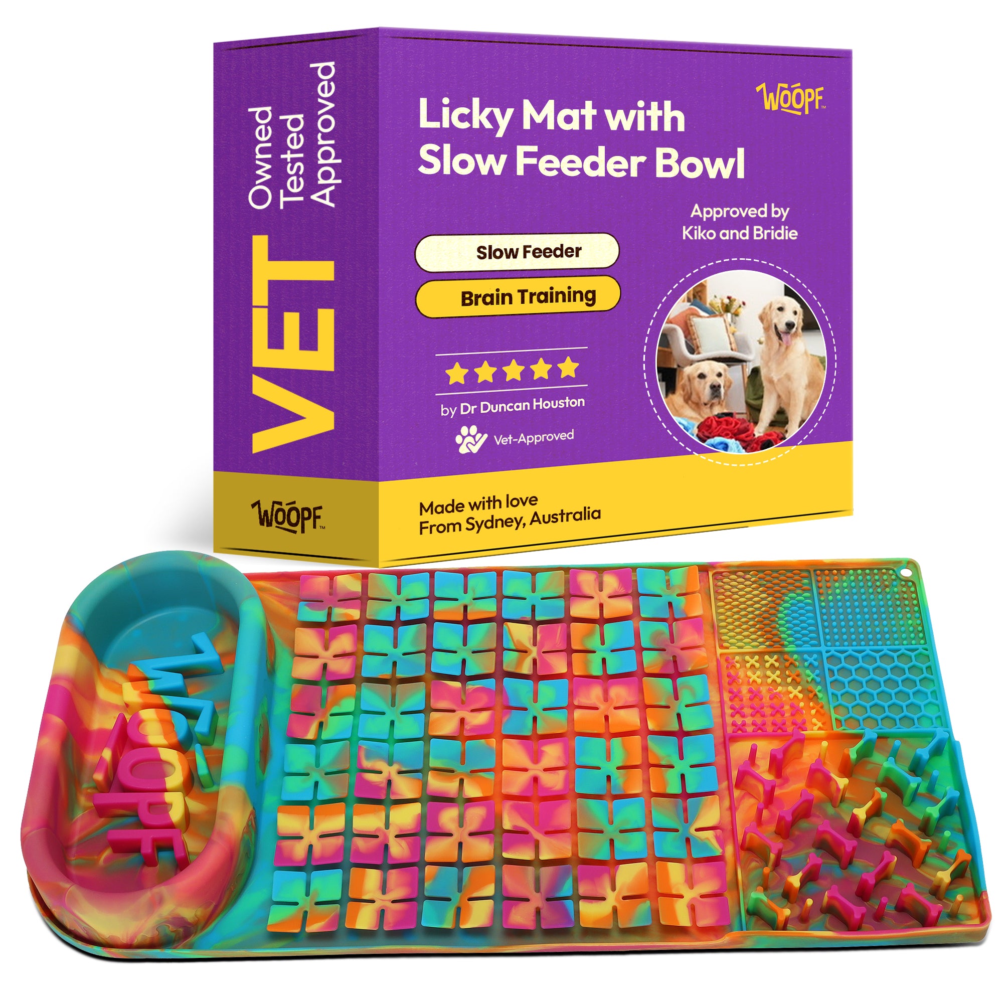 Rainbow Licky Bowl Mat – Slow Feeder Dog Bowl & Interactive Food Mat – Food-Grade Silicone, Lick Zones & Suction Cups