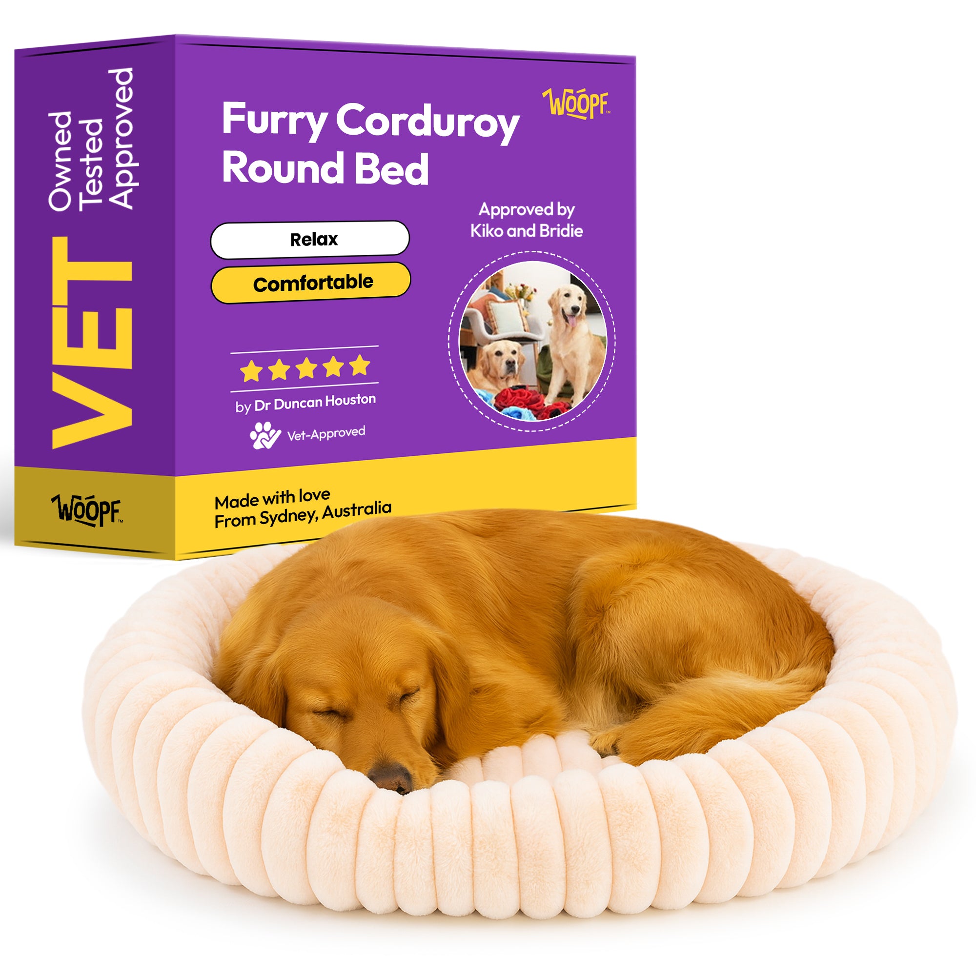 Furry Corduroy Range Round Dog & Cat Bed – Soft Fluffy Velvet Feel Calming Donut Nest with Orthopedic Cushion & Plush Bolstered Sides – Washable Pet Sofa for Anxiety Relief