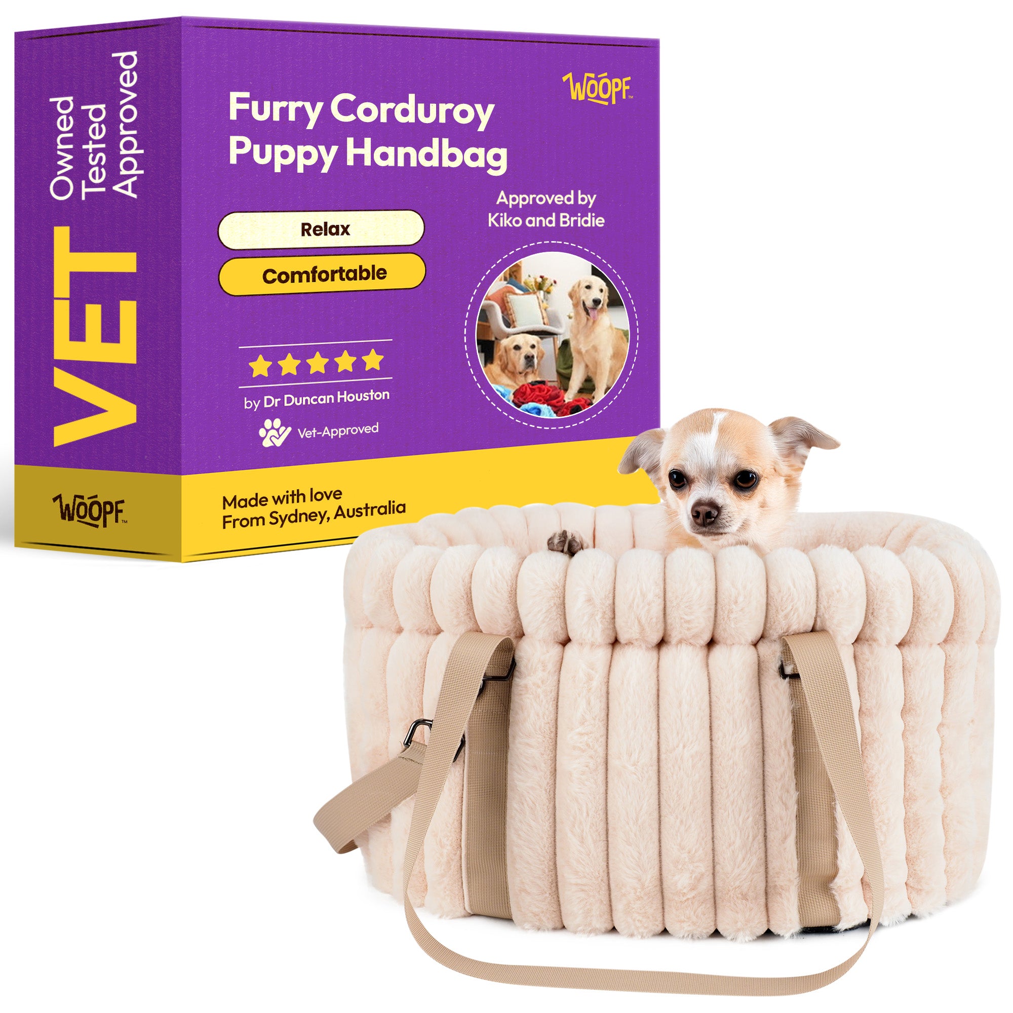 Furry Corduroy Puppy & Small Dog Carry Bag with Soft Fluffy Lining – Calming Travel Tote, Handles, Supportive Shape