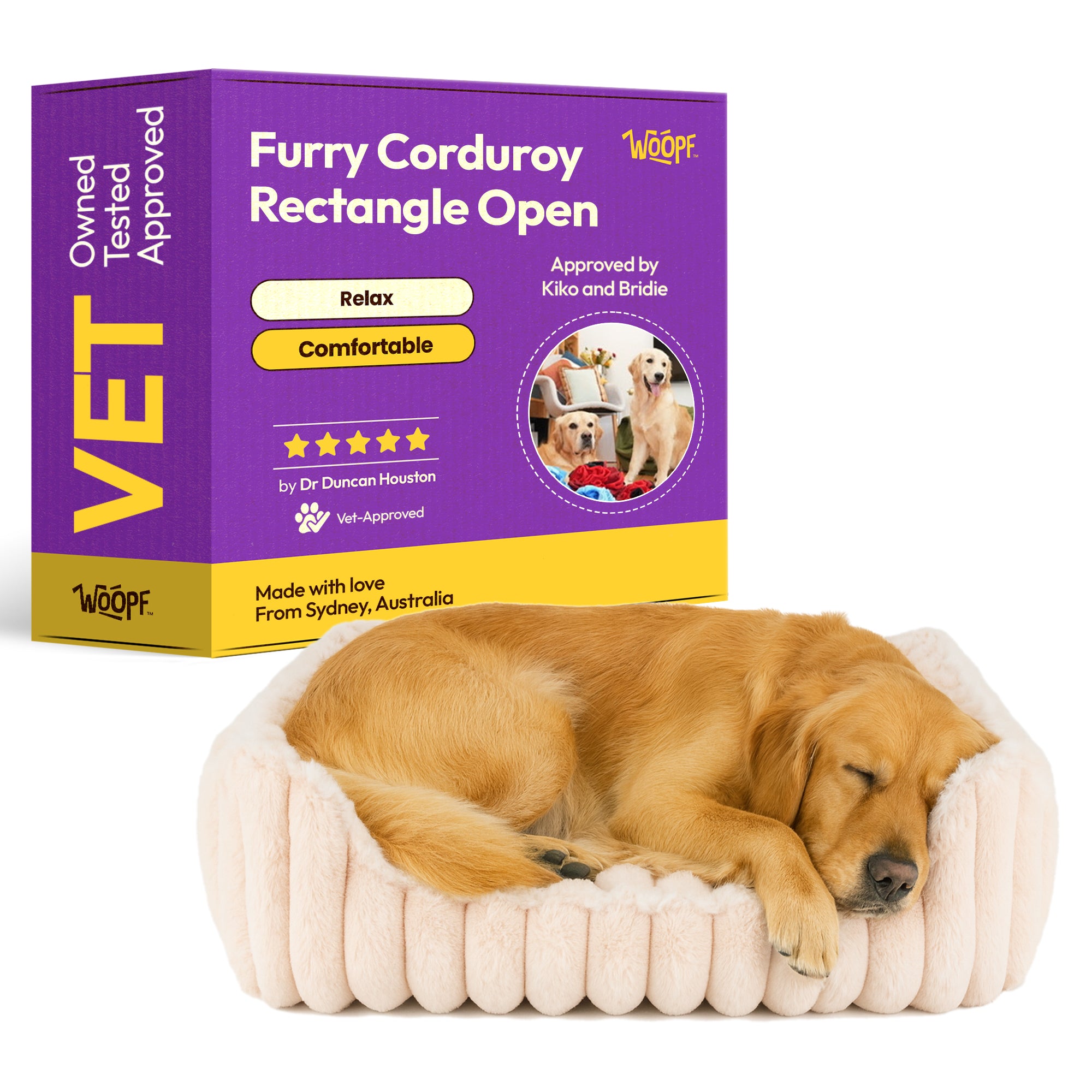 Furry Corduroy Range Rectangle Open Front Dog & Cat Bed – Soft Fluffy Velvet Feel Calming Orthopedic Pet Sofa with Easy Access