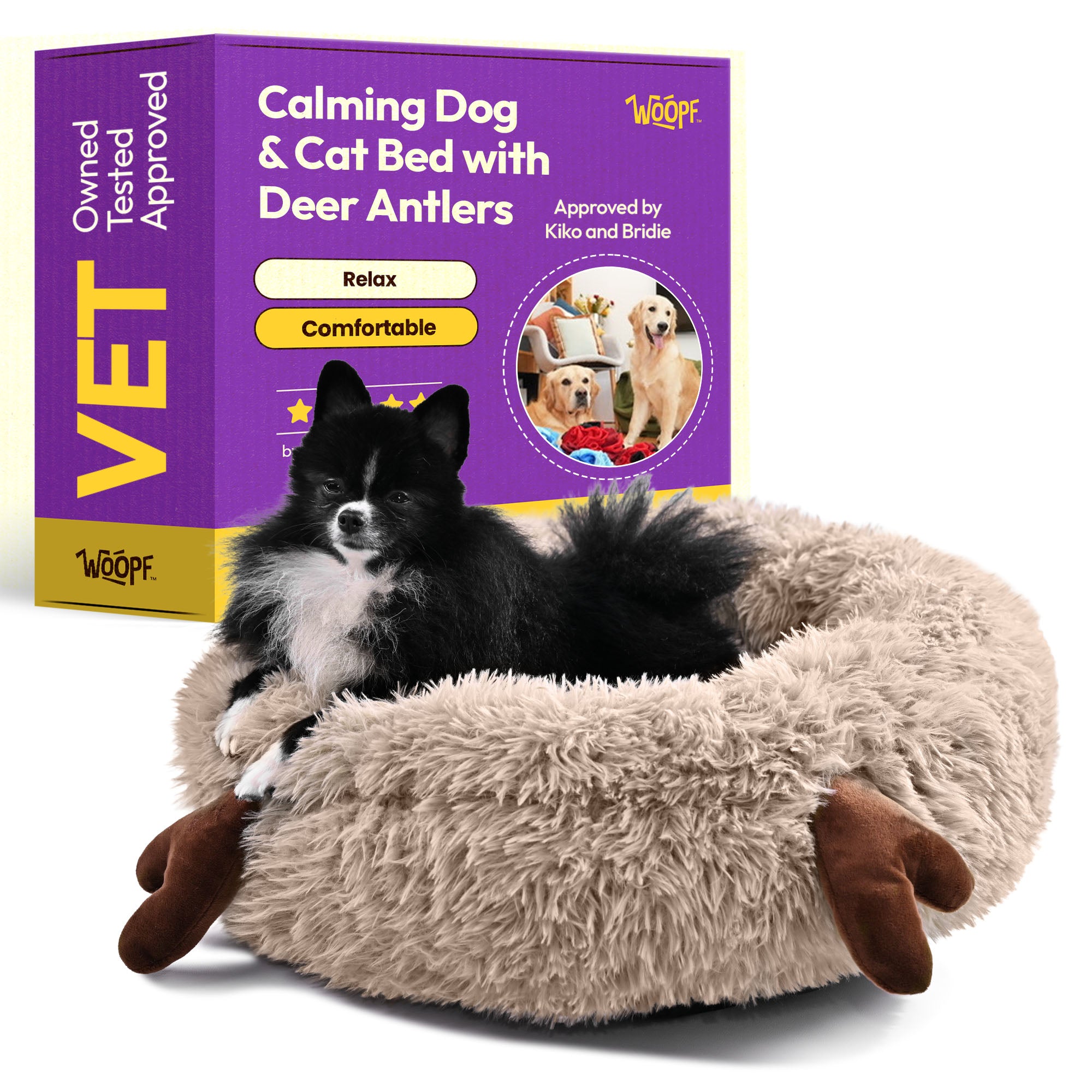 Fluffy Shag Calming Round Bed with Antlers