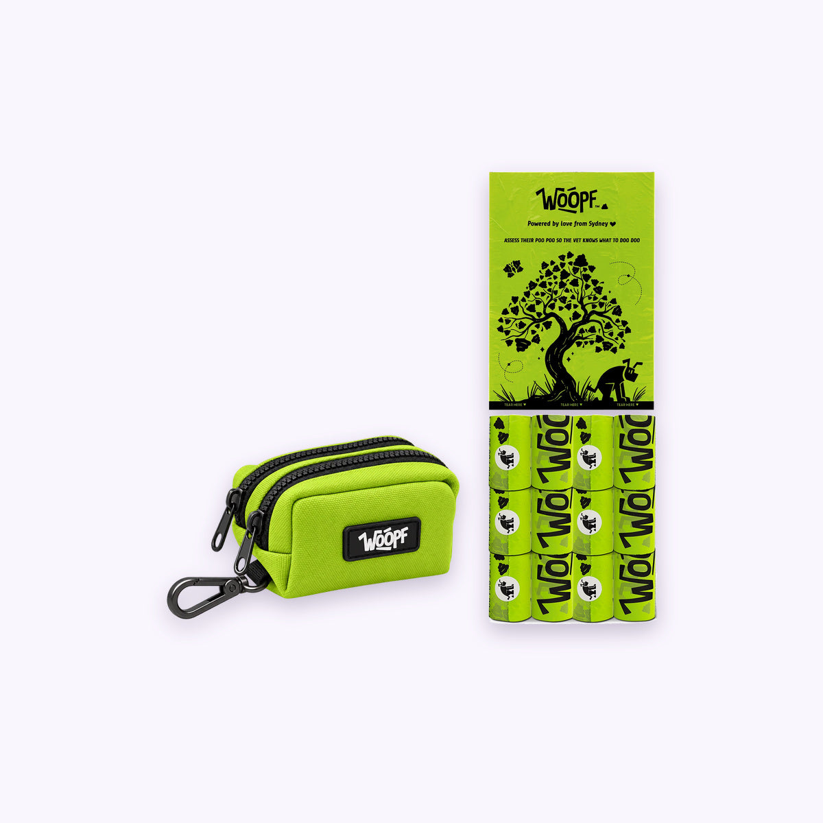 All | No-Mess Walk Kit: The Green pouch beside ten rolls of compostable bags on a pale lavender background