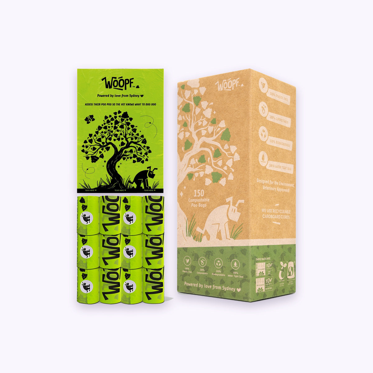 Poop & Go 100% Compostable Bags: The 150-bag box and ten rolls on their own on a pale lavender background