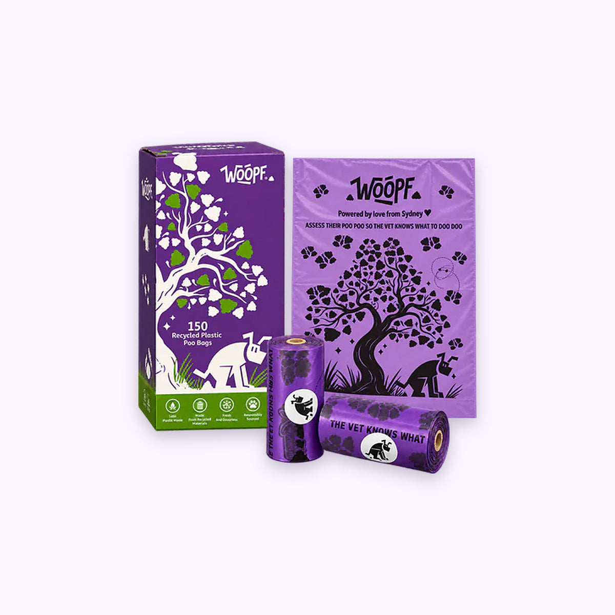 Poop & Go 50% Recycled Bags: The 150-bag box, a bag and two purple rolls on their own on a pale lavender background