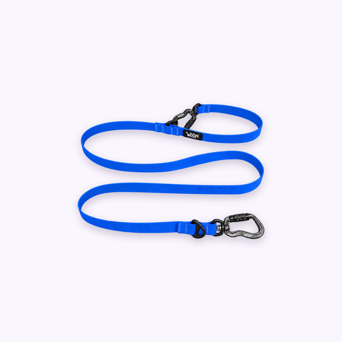 Blue | Sealskin Extendable Leash: The Blue lead on its own on a pale lavender background, with both clips and both rings