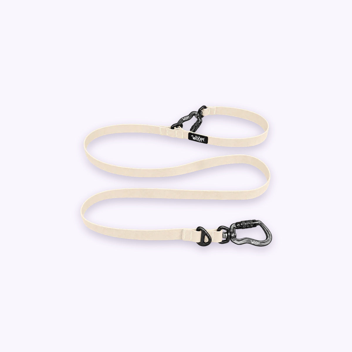 Glow | Sealskin Extendable Leash: The Glow lead on its own on a pale lavender background, with both clips and both rings
