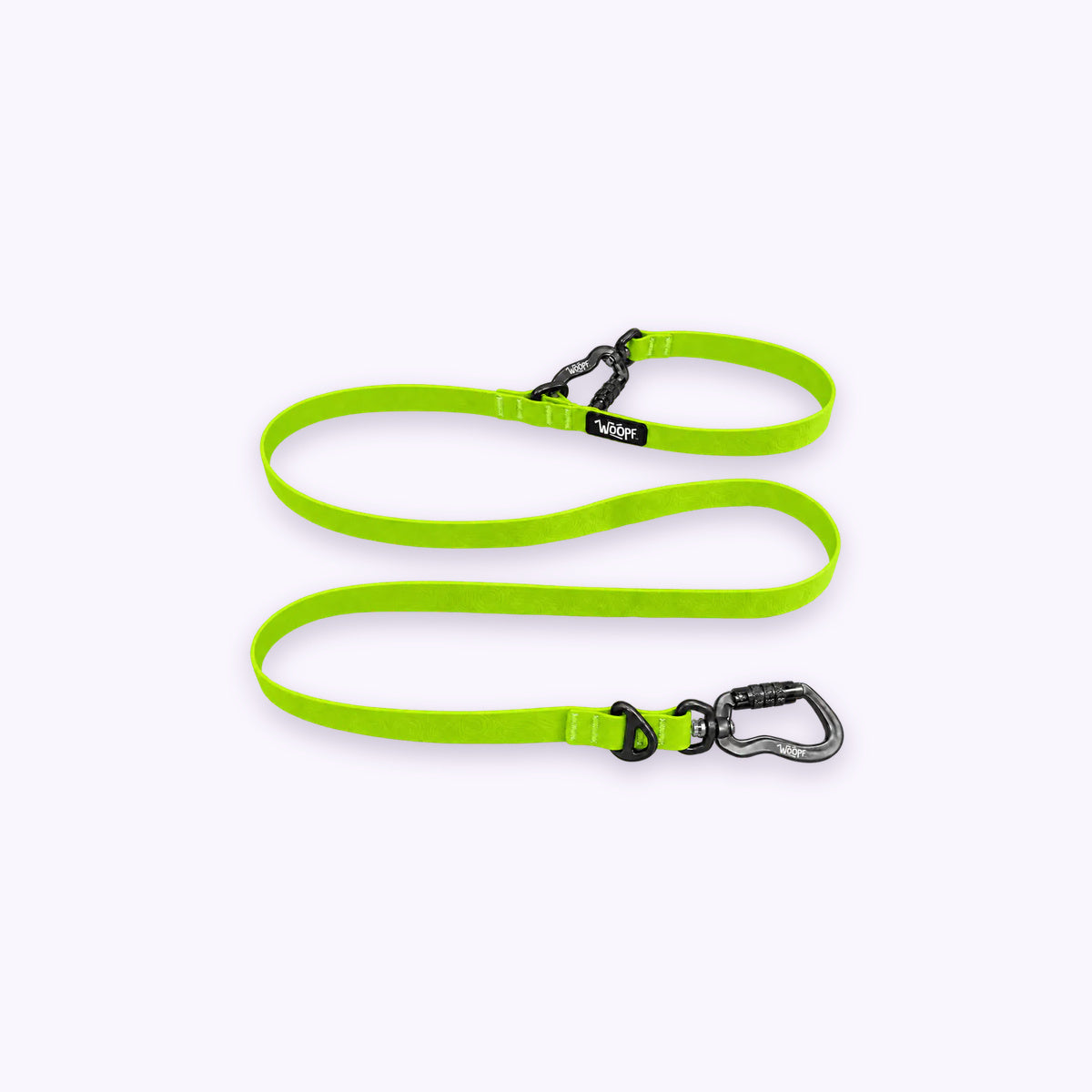 Sealskin Extendable Leash: The Green lead on its own on a pale lavender background, with both clips and both rings