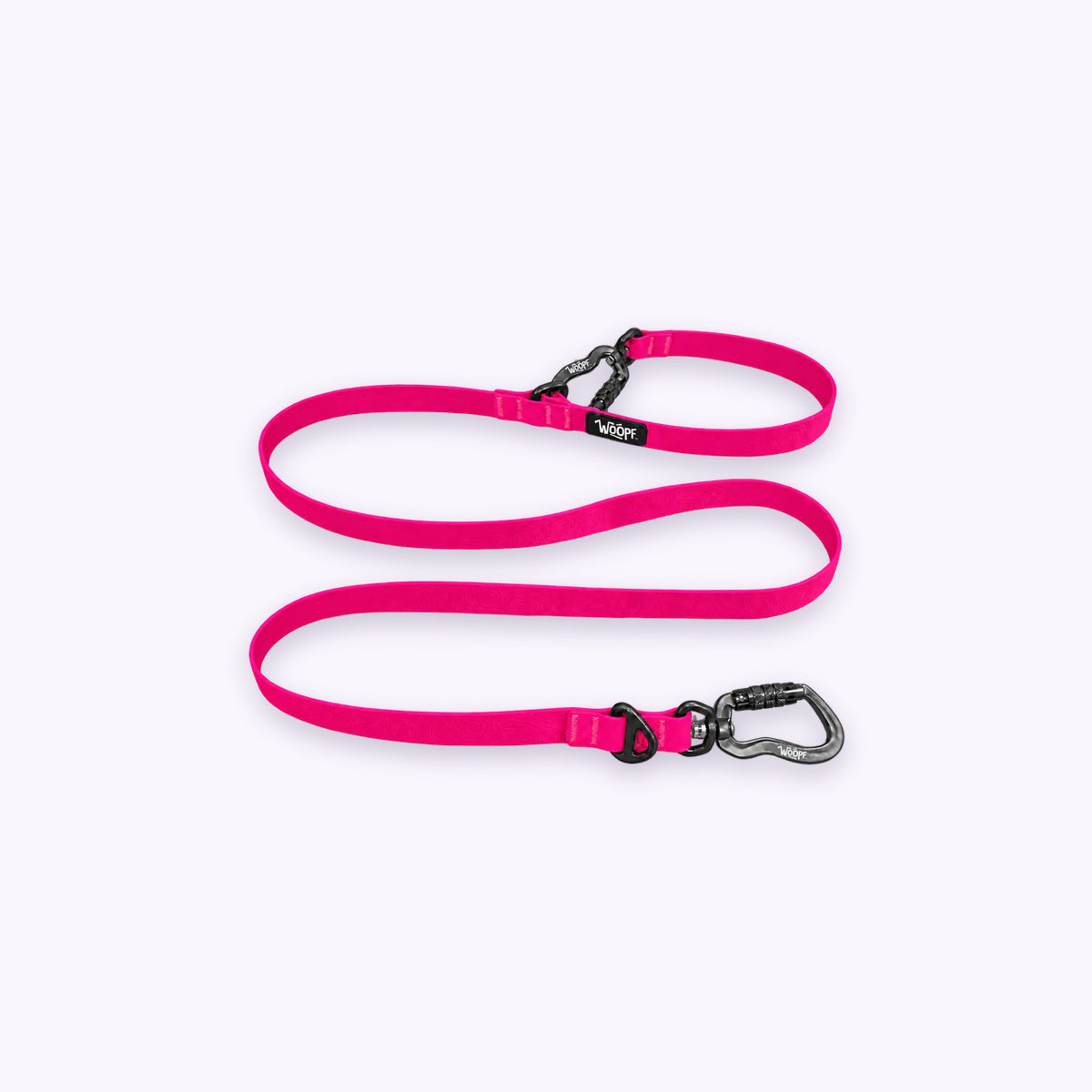 Pink | Sealskin Extendable Leash: The Pink lead on its own on a pale lavender background, with both clips and both rings