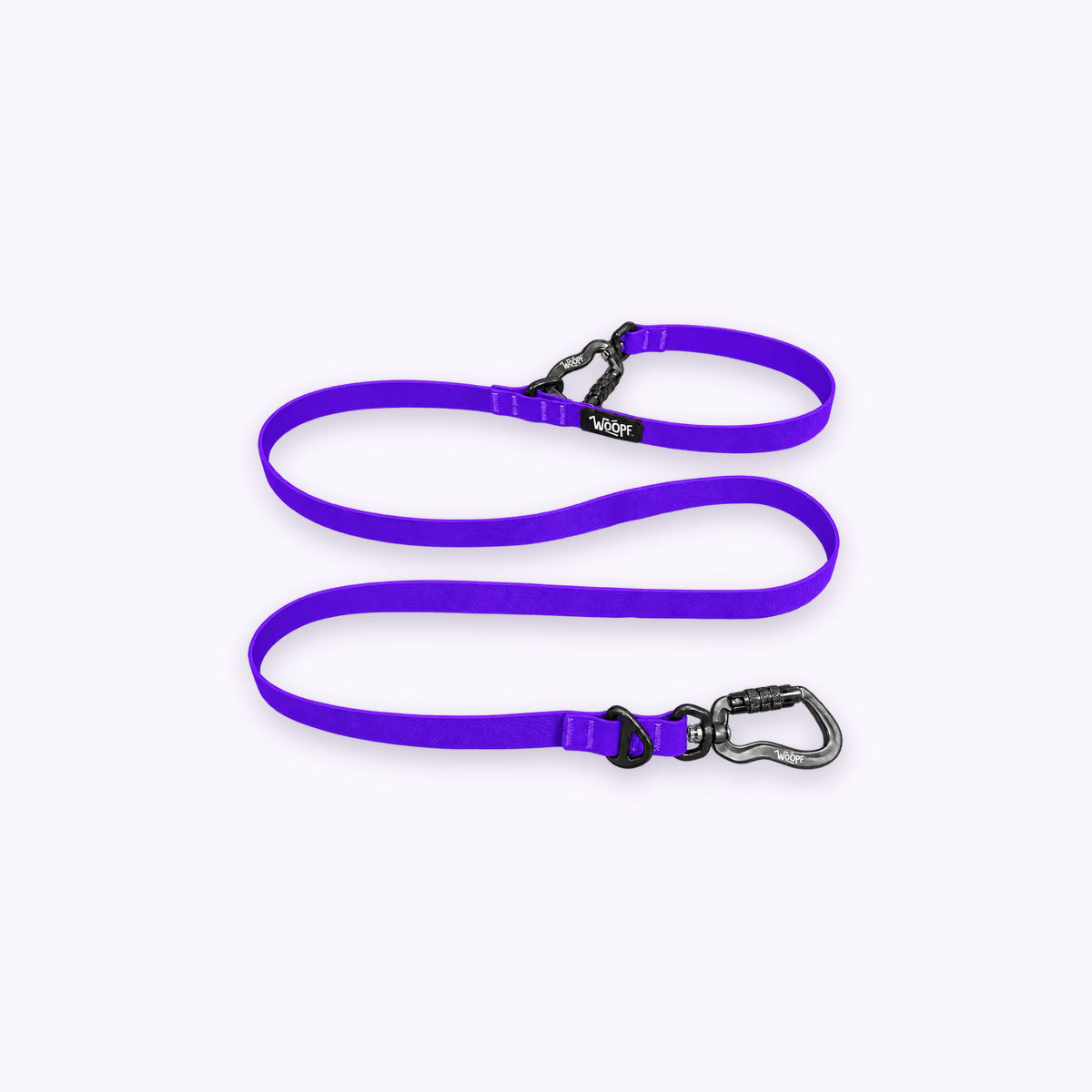 Sealskin Extendable Leash: The Purple lead on its own on a pale lavender background, with both clips and both rings