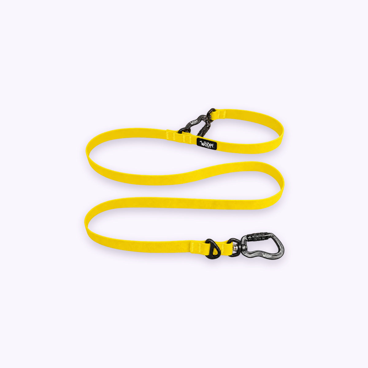 Yellow | Sealskin Extendable Leash: The Yellow lead on its own on a pale lavender background, with both clips and both rings
