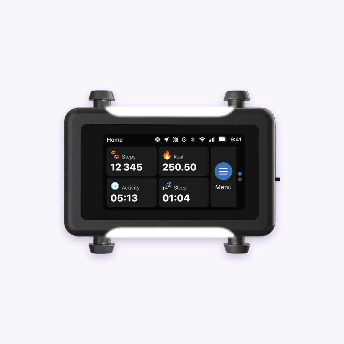 Black / Gold | Smart GPS & Health Tracker: Front of the Black / Gold tracker on a pale lavender background