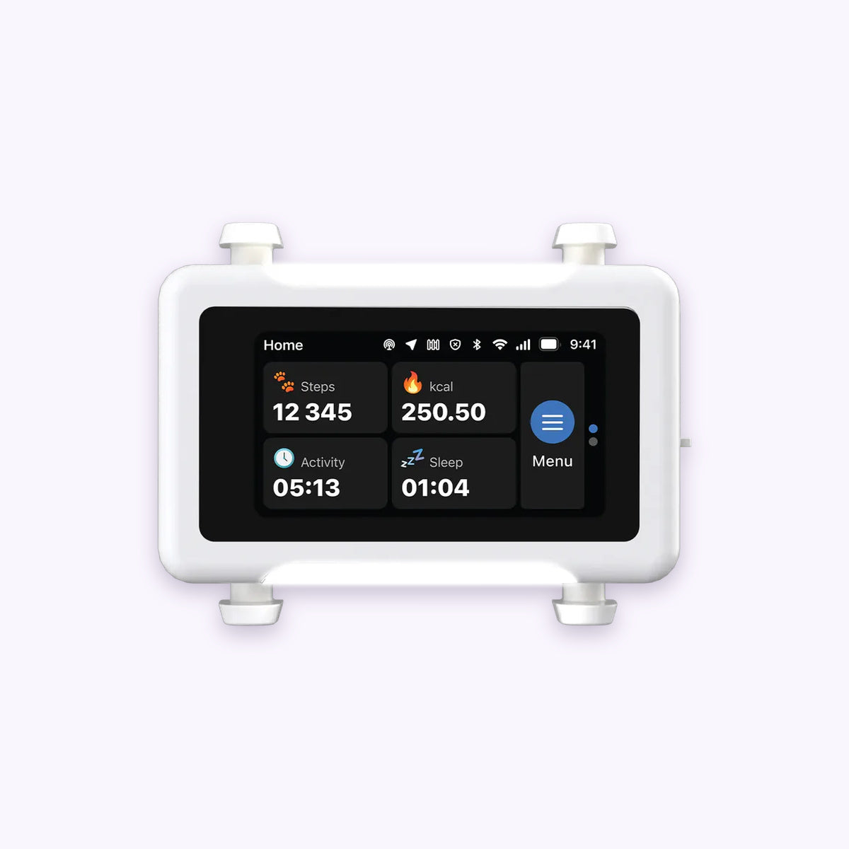 Smart GPS & Health Tracker: Front of the White / Gold tracker on a pale lavender background