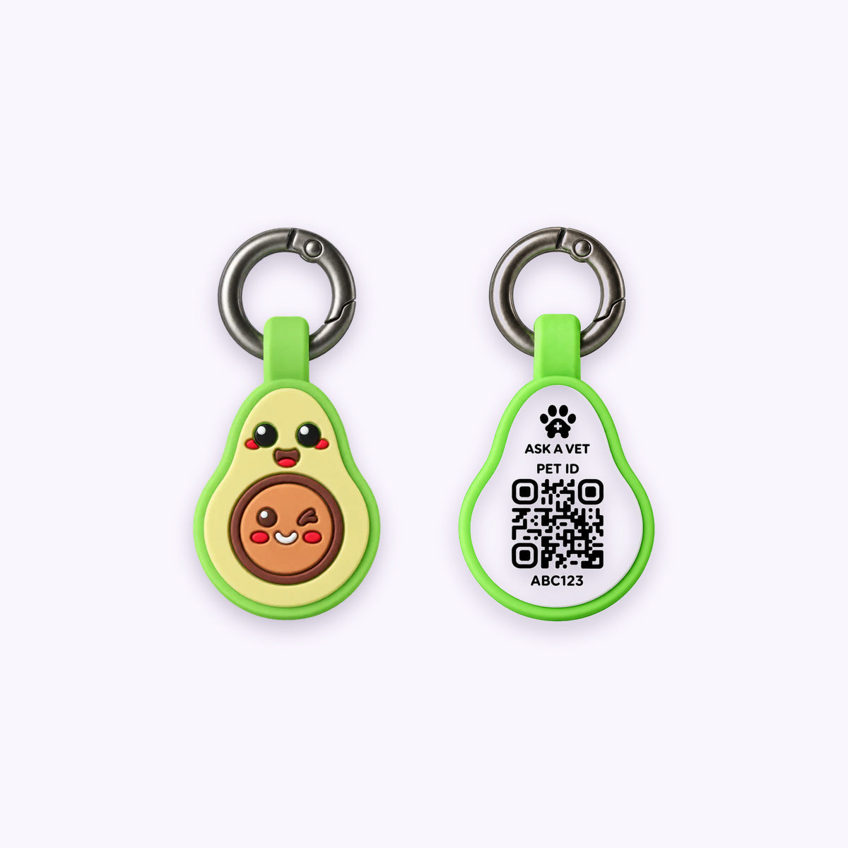 Smart ID Tag: The Avocado tag, front design and QR code back, on a pale lavender background