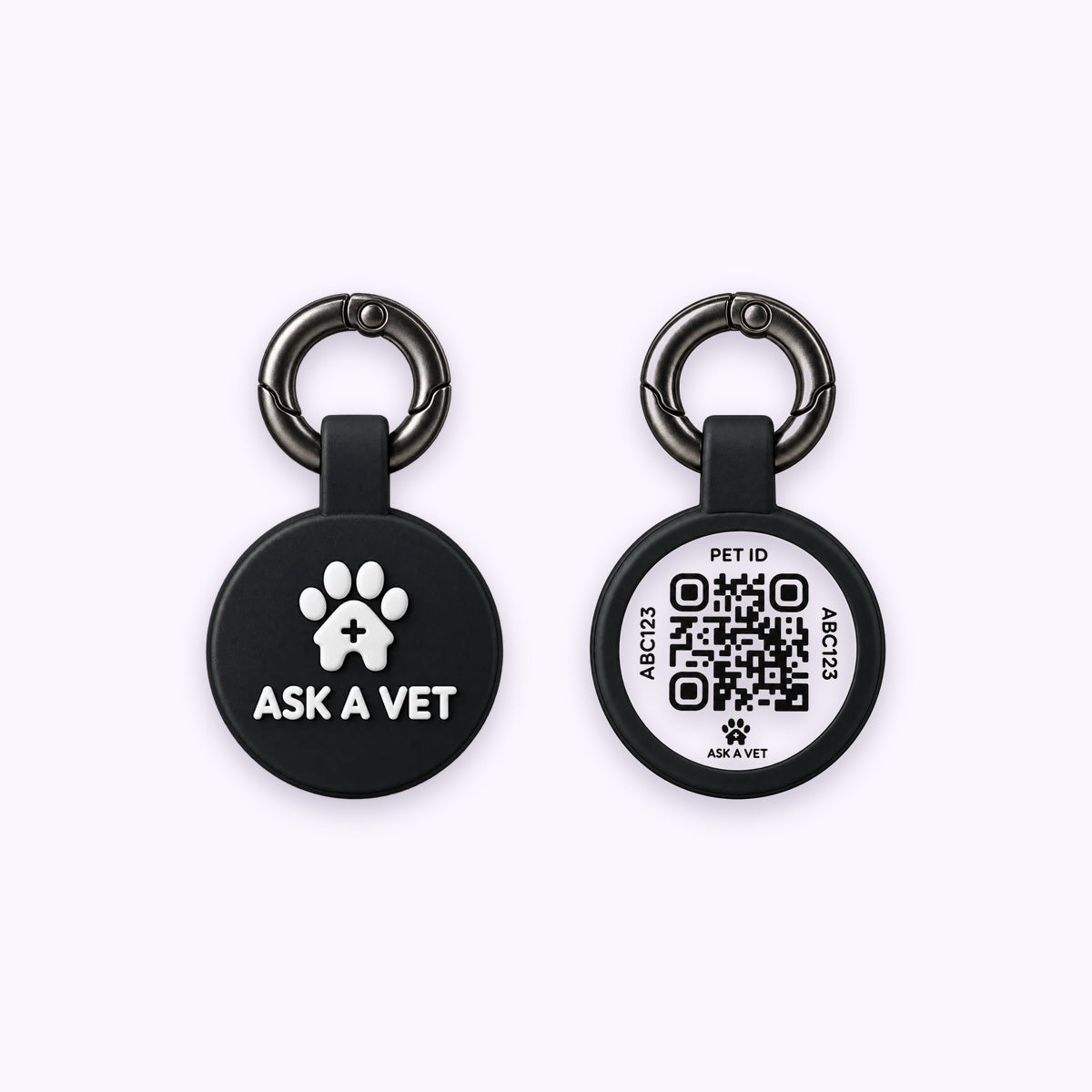 Smart ID Tag: The Black tag, front design and QR code back, on a pale lavender background