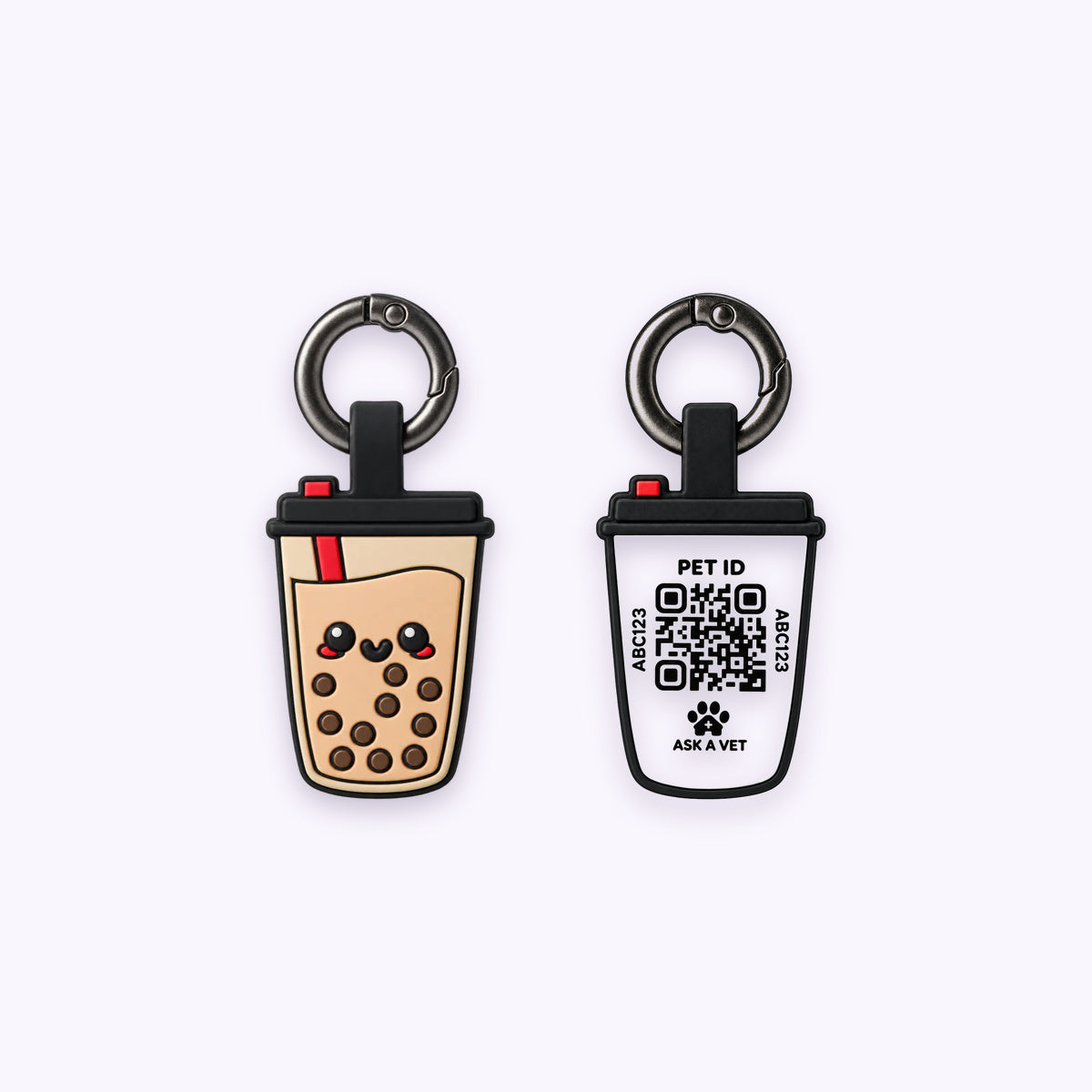 Smart ID Tag: The Boba tag, front design and QR code back, on a pale lavender background