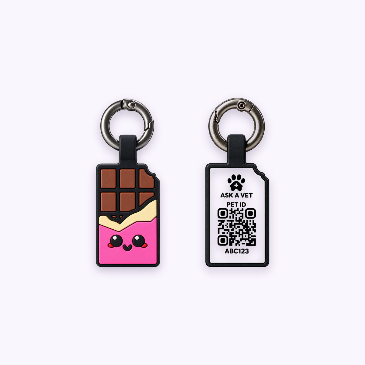 Chocolate Pink | Smart ID Tag: The Chocolate Pink tag, front design and QR code back, on a pale lavender background
