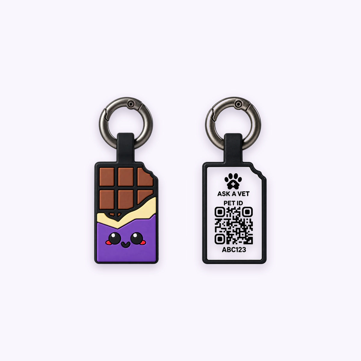 Smart ID Tag: The Chocolate Purple tag, front design and QR code back, on a pale lavender background