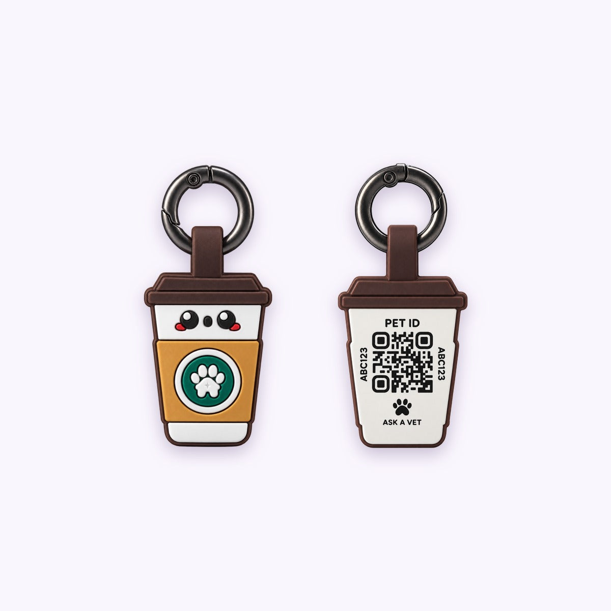 Smart ID Tag: The Coffee tag, front design and QR code back, on a pale lavender background
