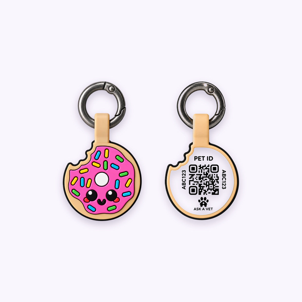Donut | Smart ID Tag: The Donut tag, front design and QR code back, on a pale lavender background