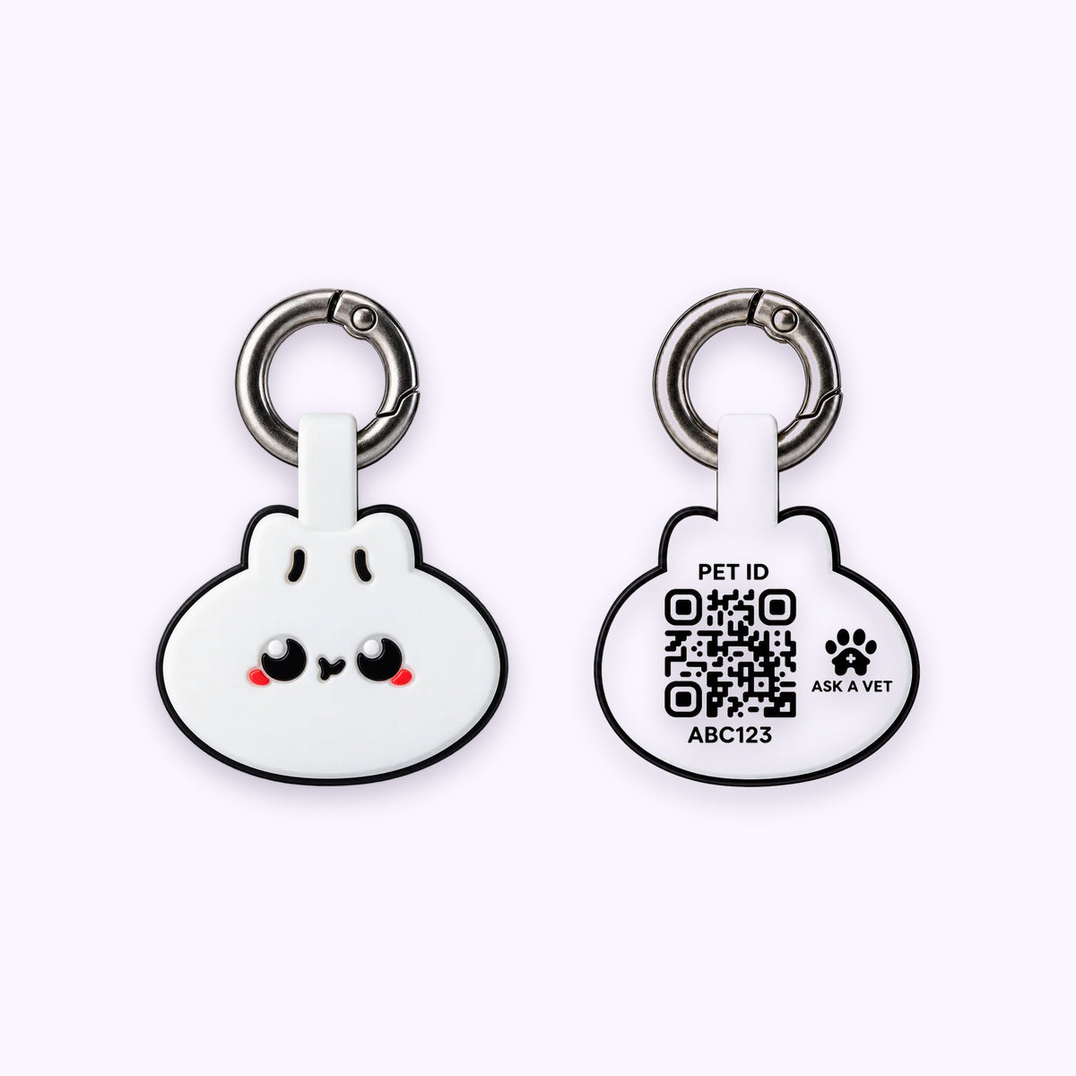 Dumpling | Smart ID Tag: The Dumpling tag, front design and QR code back, on a pale lavender background