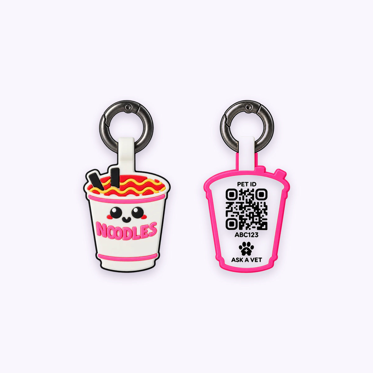 Smart ID Tag: The Ramen tag, front design and QR code back, on a pale lavender background