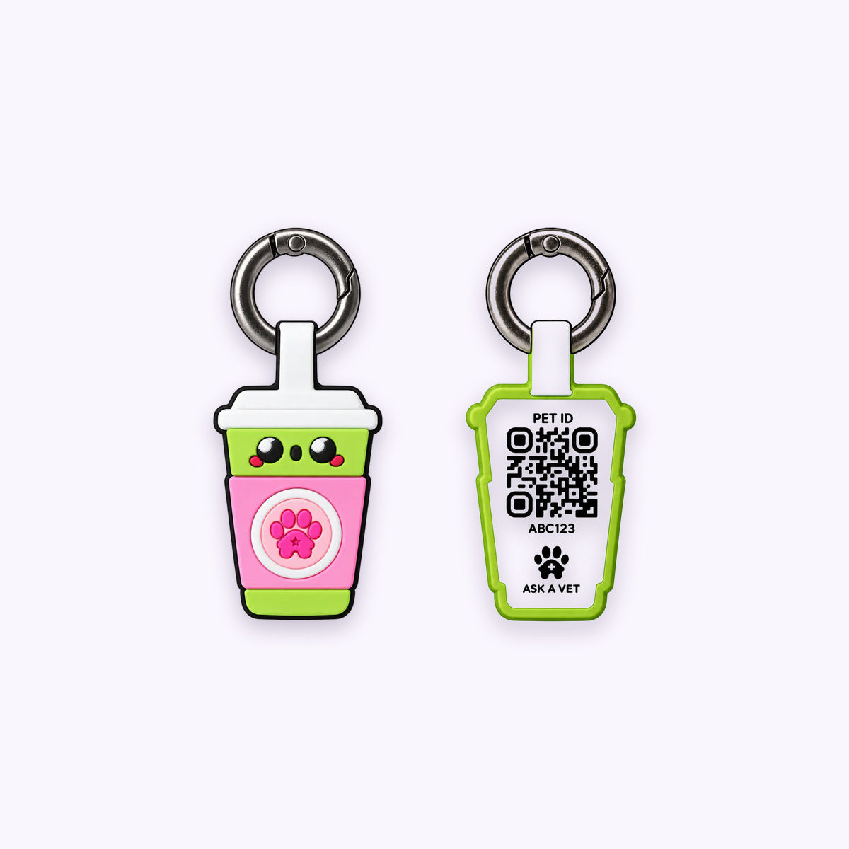 Smart ID Tag: The Sakura Matcha tag, front design and QR code back, on a pale lavender background