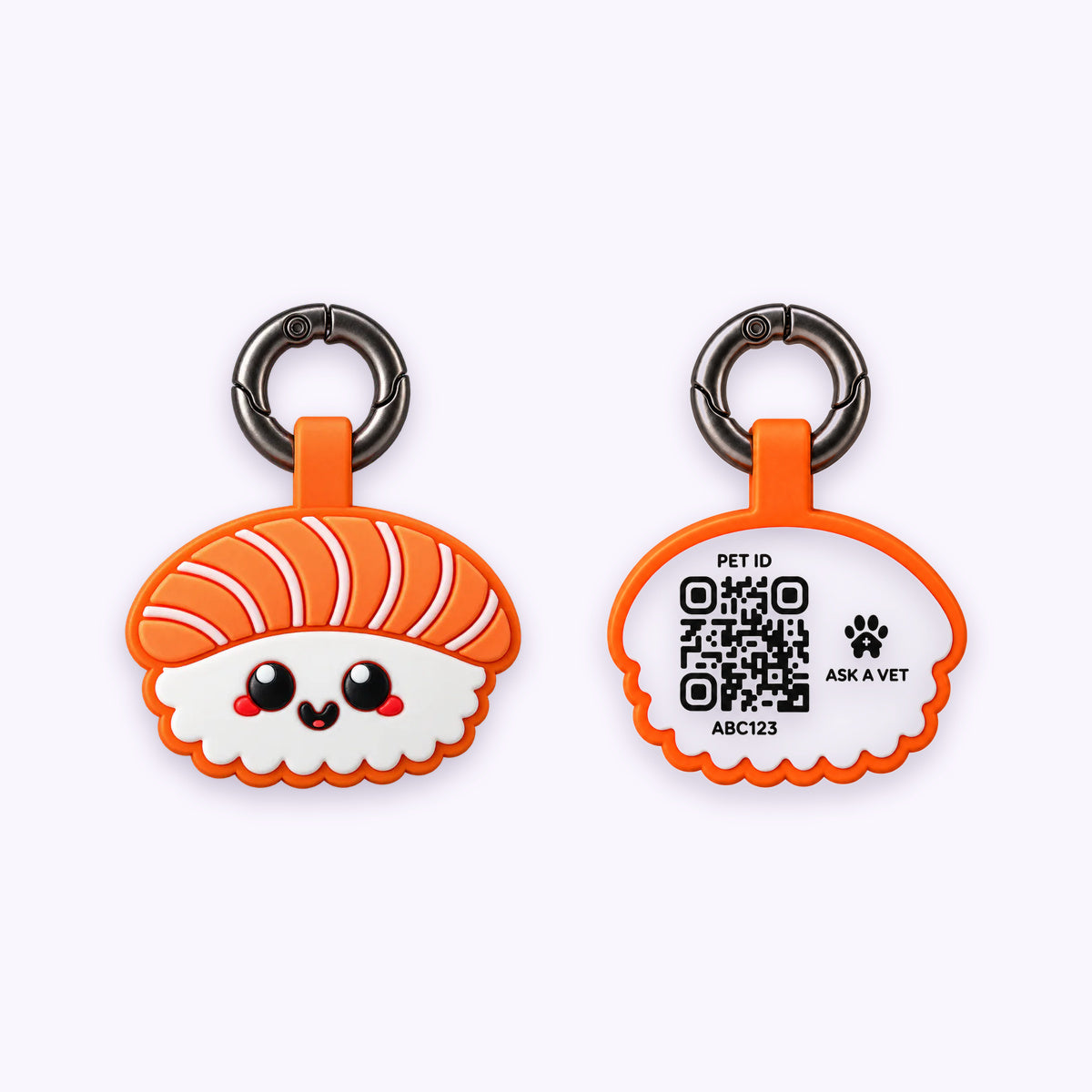 Smart ID Tag: The Salmon Sushi tag, front design and QR code back, on a pale lavender background