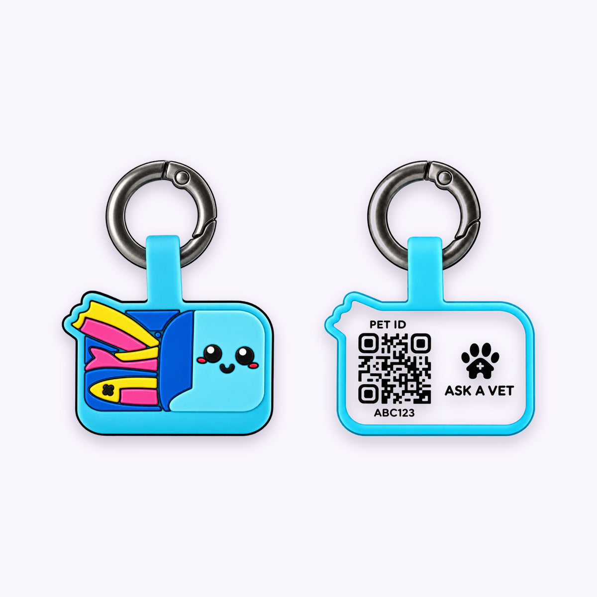Sardines | Smart ID Tag: The Sardines tag, front design and QR code back, on a pale lavender background