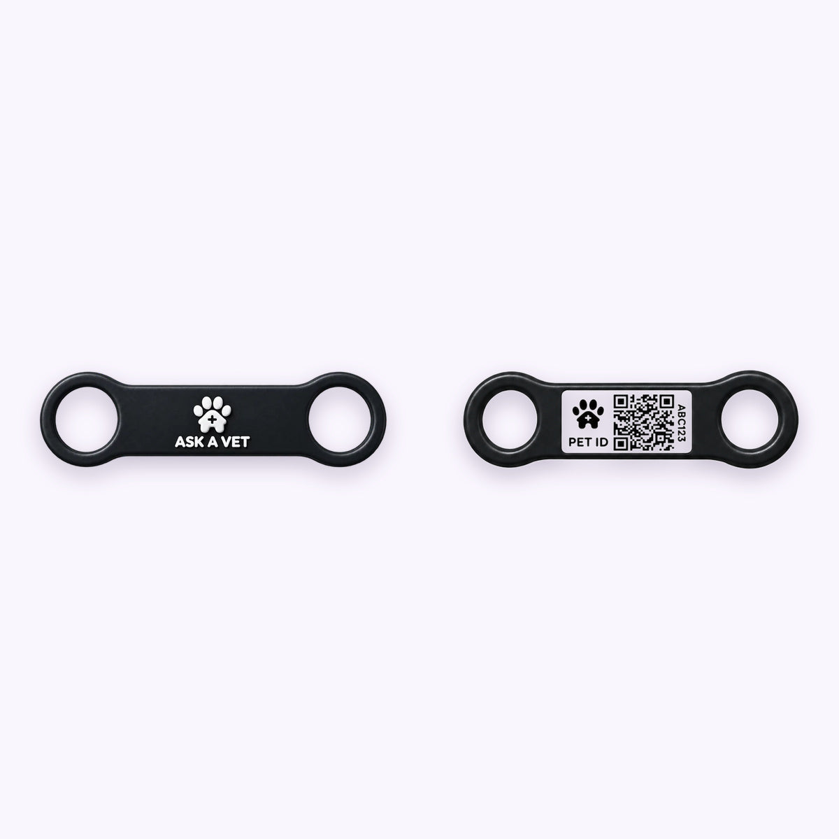 Slide-On | Smart ID Tag: The Slide-On tag, front design and QR code back, on a pale lavender background