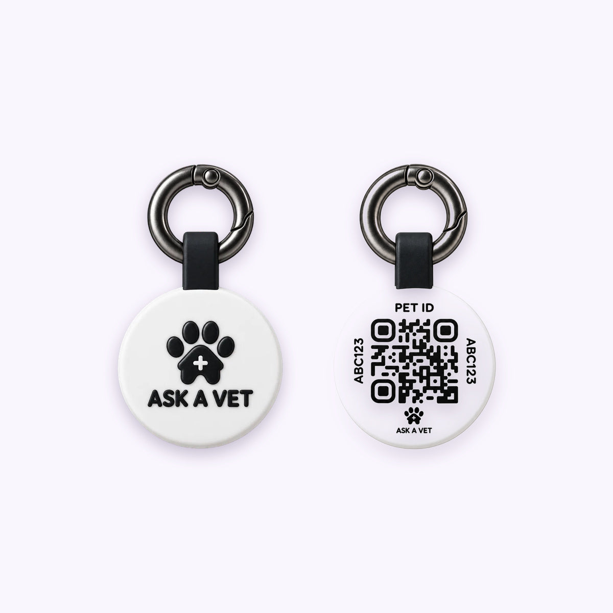 Smart ID Tag: The White tag, front design and QR code back, on a pale lavender background