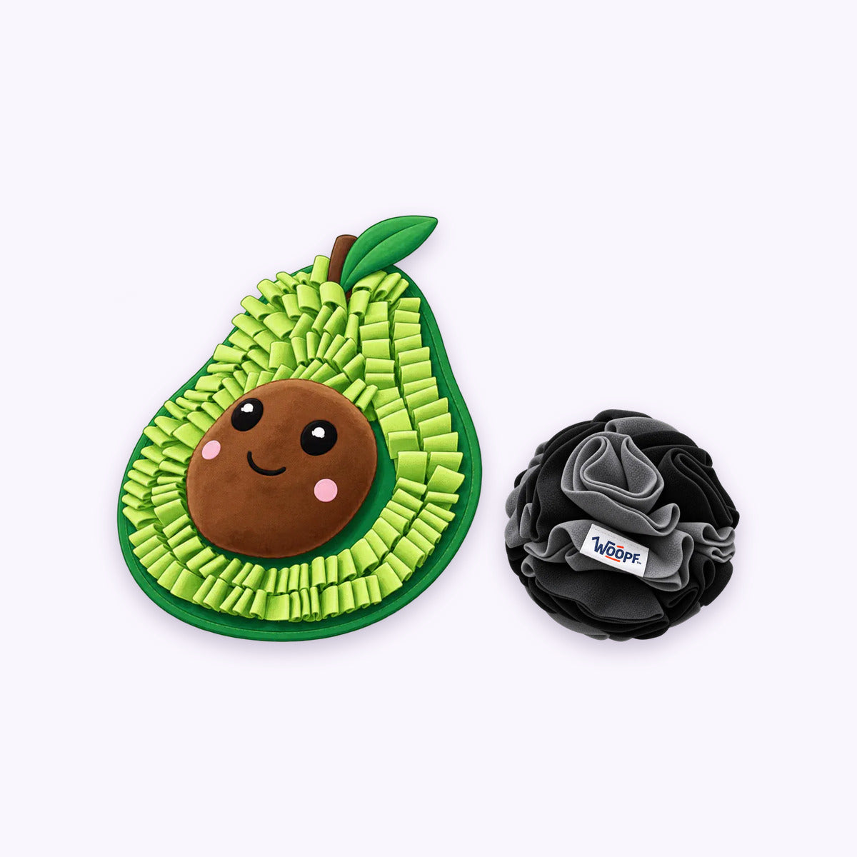 Avocado | Sniff & Snuffle Bundle: The Avocado Snuffle Mat with the Black Snuffle Ball on a pale lavender background