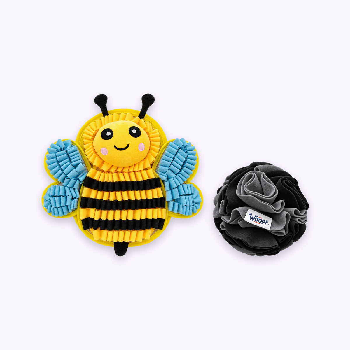Bumble Bee | Sniff & Snuffle Bundle: The Bumble Bee Snuffle Mat with the Black Snuffle Ball on a pale lavender background