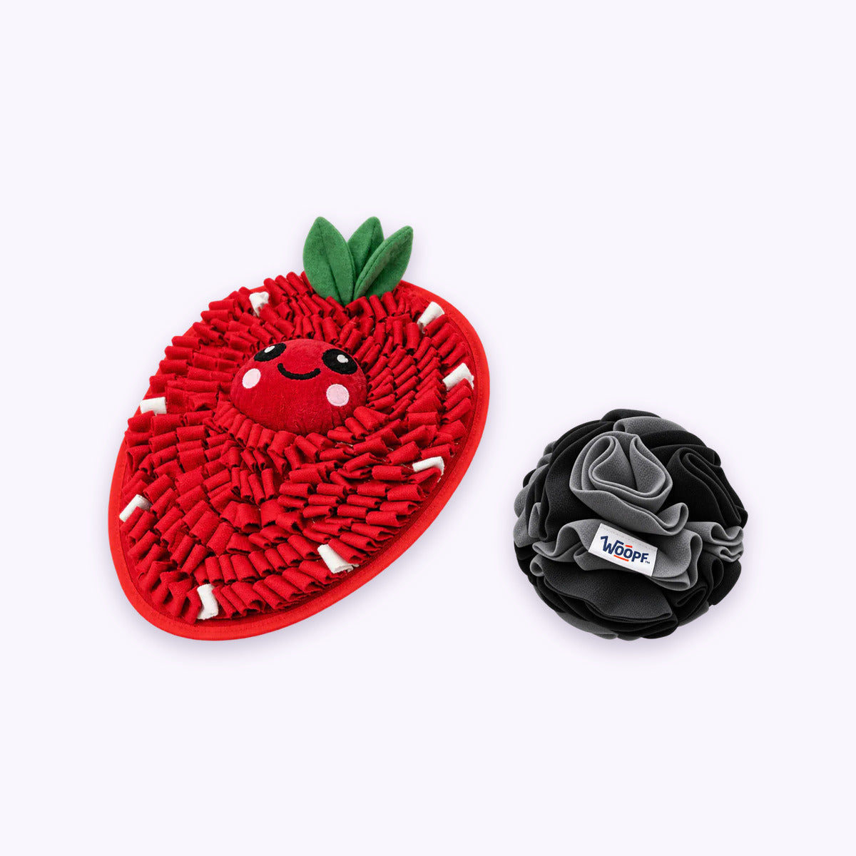 Strawberry | Sniff & Snuffle Bundle: The Strawberry Snuffle Mat with the Black Snuffle Ball on a pale lavender background